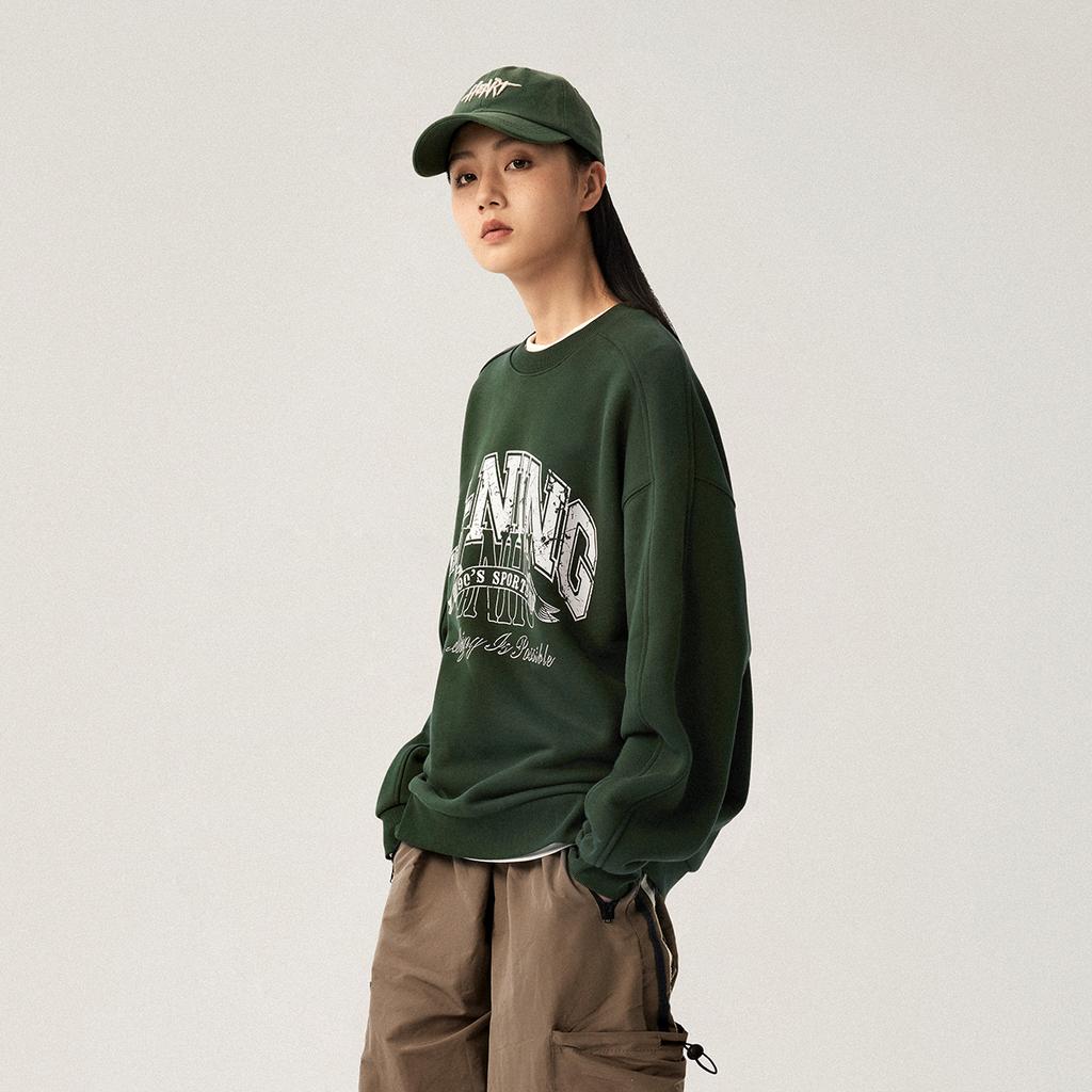 Série Estilo de Vida Esportivo Li Ning Estampa de Letras Confortável Quente Versátil Casual Moletom de Manga Comprida Moletom Unissex Verde Alga AWDU979-5