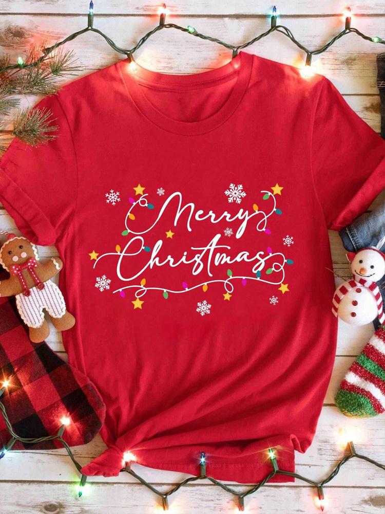 Casual Christmas Santa Claus T-Shirt for Women Loose Round Neck Short Sleeve Female T-shirt Tops Suitable for All Season