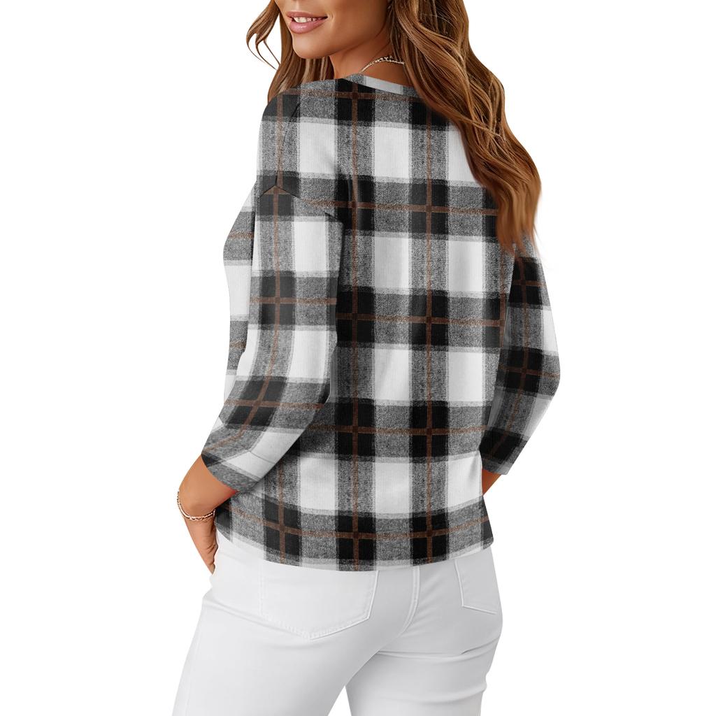 Women's Fashion Long Sleeve Plaid Geometric Print Top Elegant Casual Top