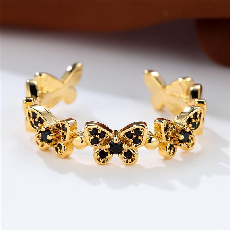 Cute Female Small Green Butterfly Adjustable Ring Vintage Yellow Gold Color Engagement Wedding Jewelry For Women