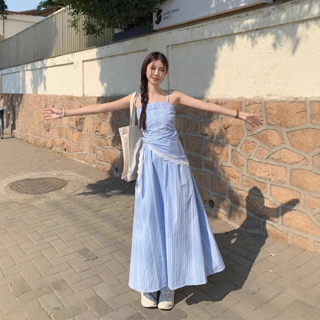 French blue plaid suspender dress women's summer new seaside vacation sleeveless vest long dress