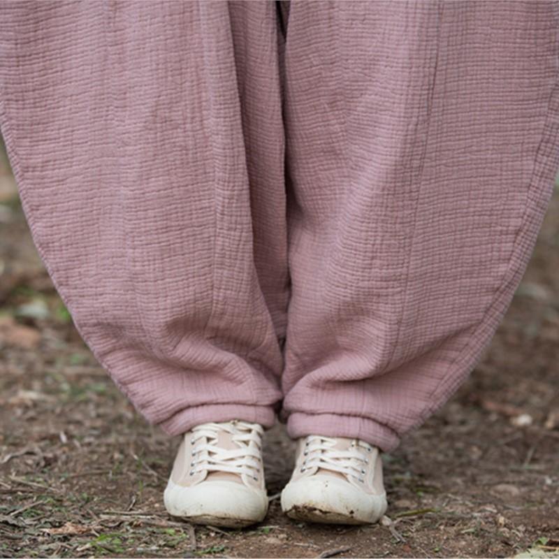 Johnature Women Vintage Winter Pants Warm Solid Color Elastic Waist Trousers Loose Pockets Female Pants