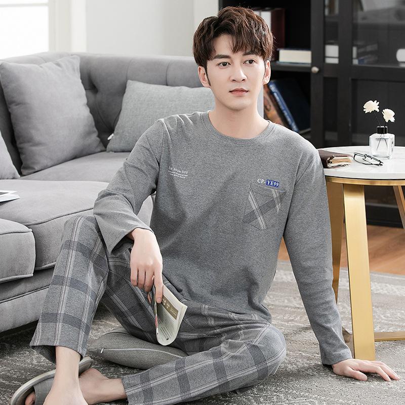 Men's pajamas spring and autumn pure cotton long-sleeved casual loungewear youth men's autumn thin cotton large-size suit