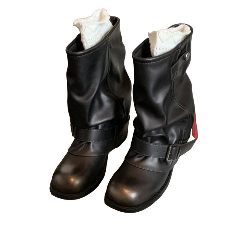 2025 autumn new heightening western cowboy stacking boots women's pleated trousers short boots retro knight martin boots