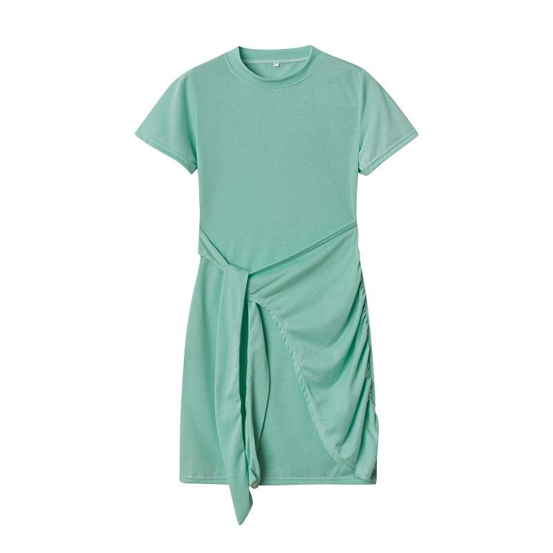 IHUASU Summer Short Sleeve Round Neck Pleated Bow Belt Irregular Dress