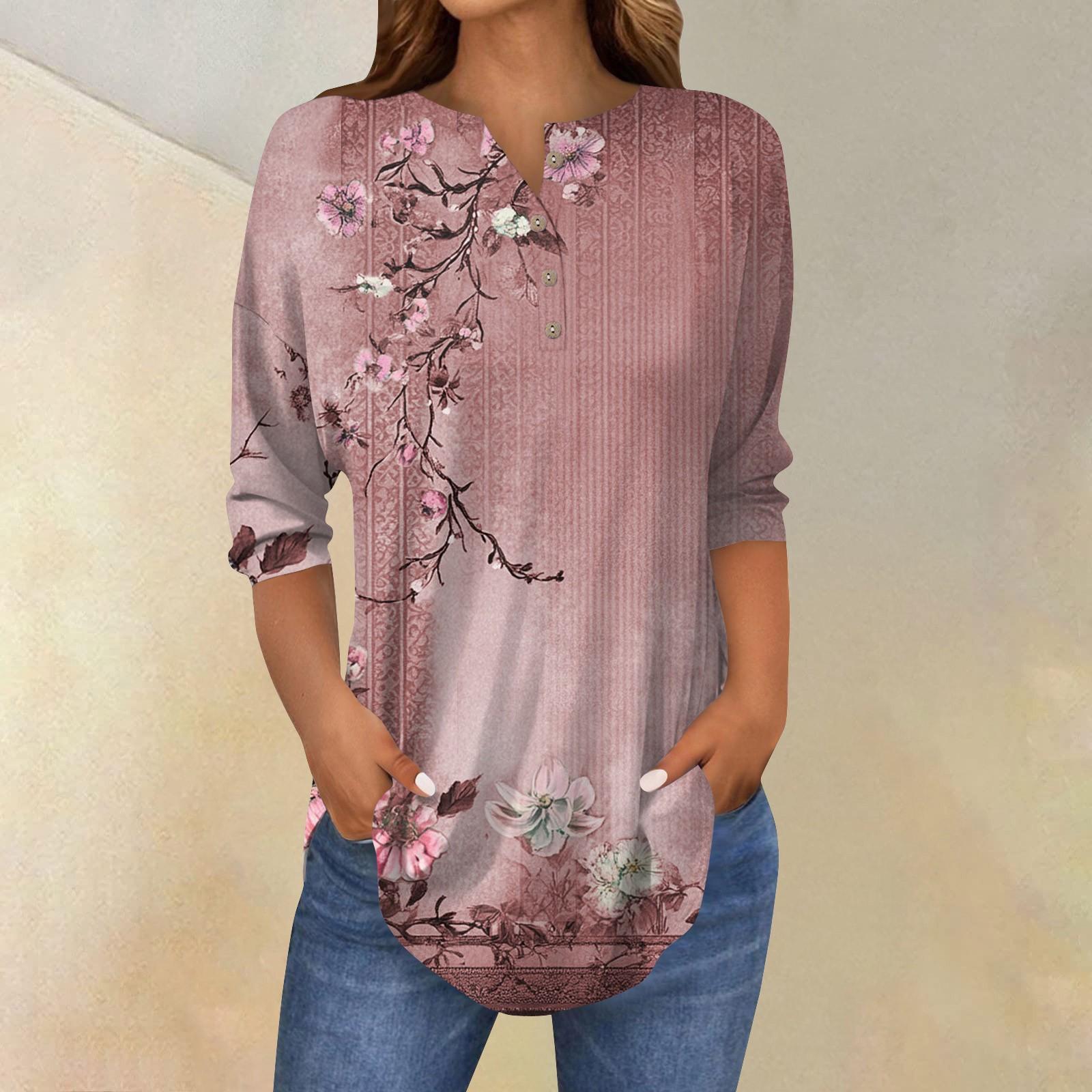 

Женская свободная футболка с воротником на пуговицах и винтажным цветочным принтом, рукав три четверти XXXL розовый