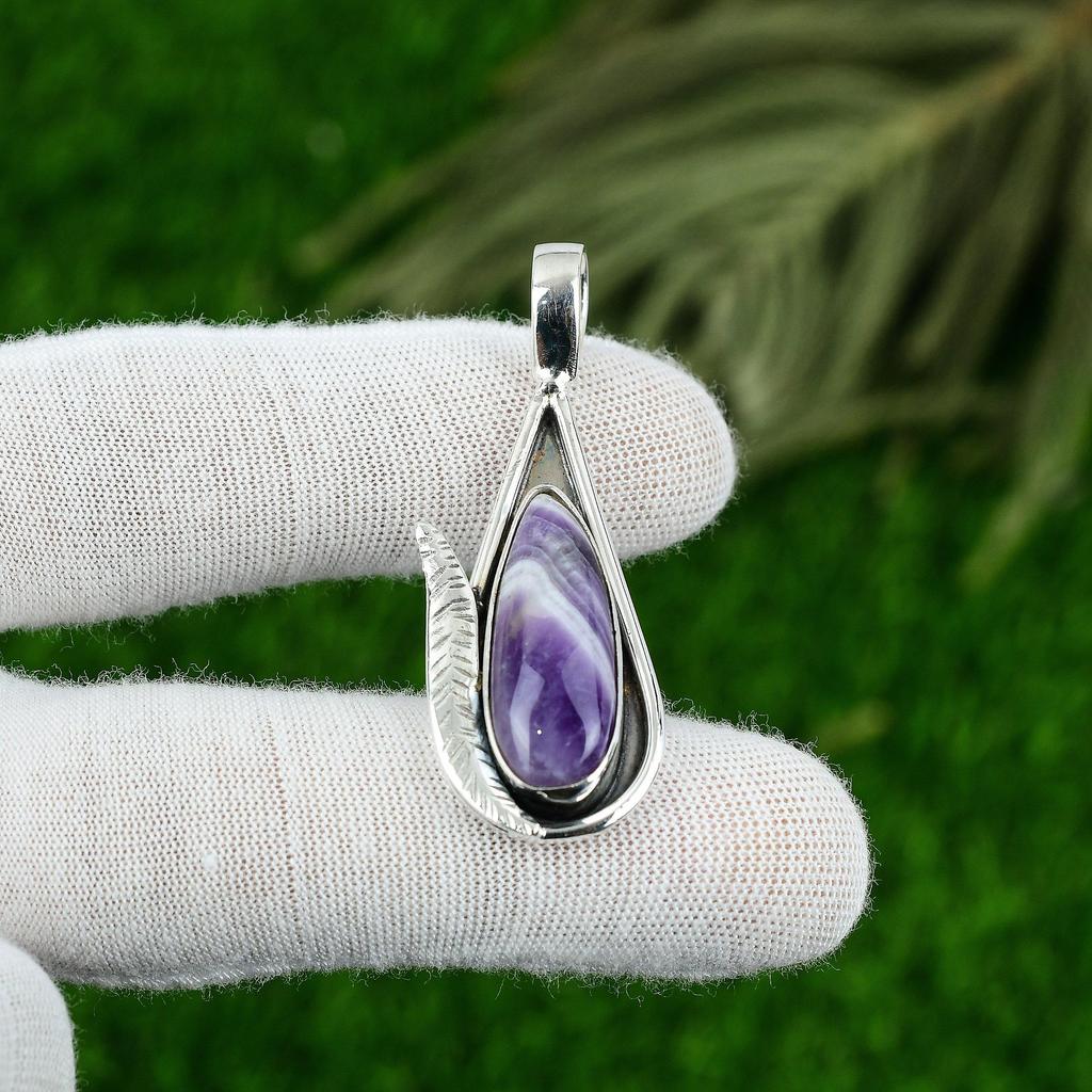 Wedding Gift For Her 925 Silver Natural Chevron Amethyst Gemstone Pendant