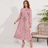 Dámské midi plisované šaty s dlouhým rukávem ve vintage stylu s mašlí a květinovým vzorem