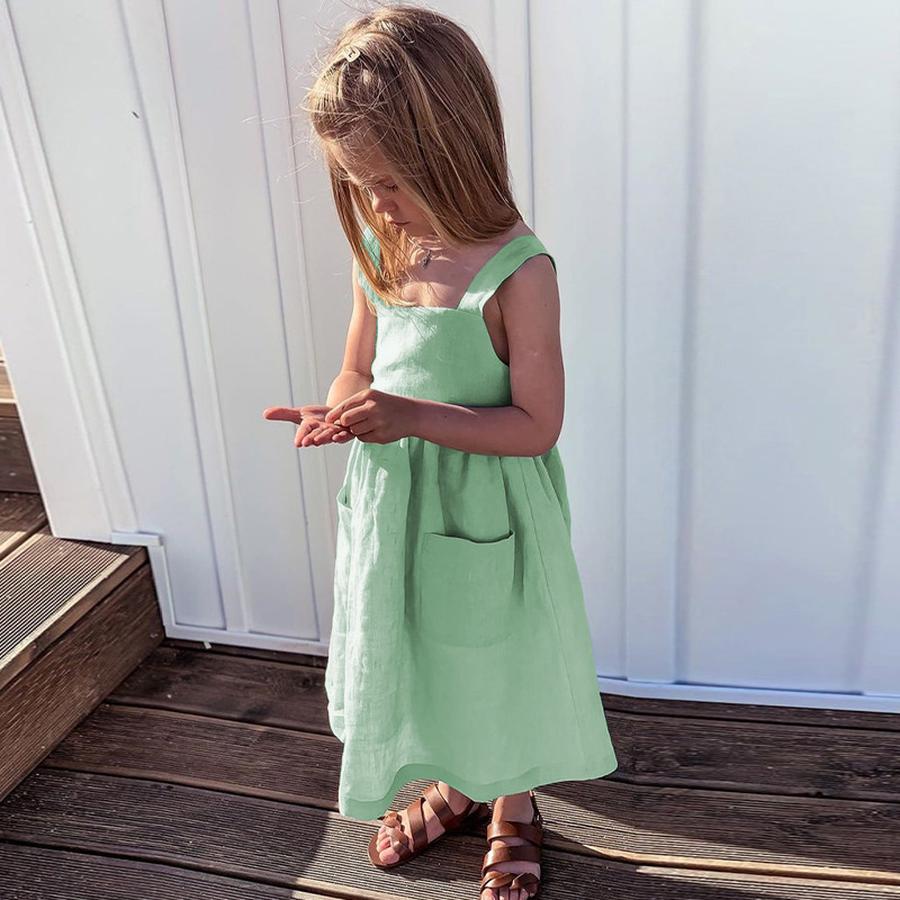 Mädchen Baumwoll-Leinen Sommerkleid Rüschen Träger Rückenfrei Schleife Niedliches Mädchen Schlauchtop Kleid