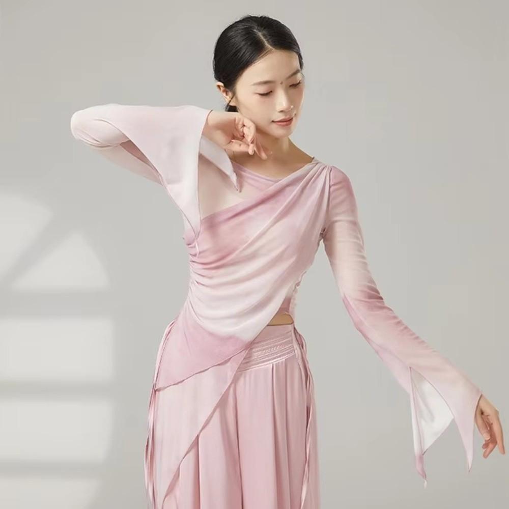 Long Slit Classical Dance Mesh Top Prints Chinese Hanfu  Women Dance Wear