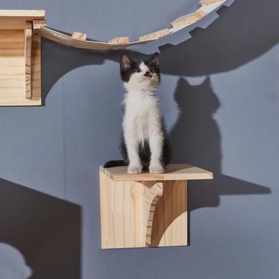 Wooden Cat Perch Wall-mounted Suspension Bridge Ladder Cat Climbing Frame with Hammock and Solid Wood Platform Cat Play Area