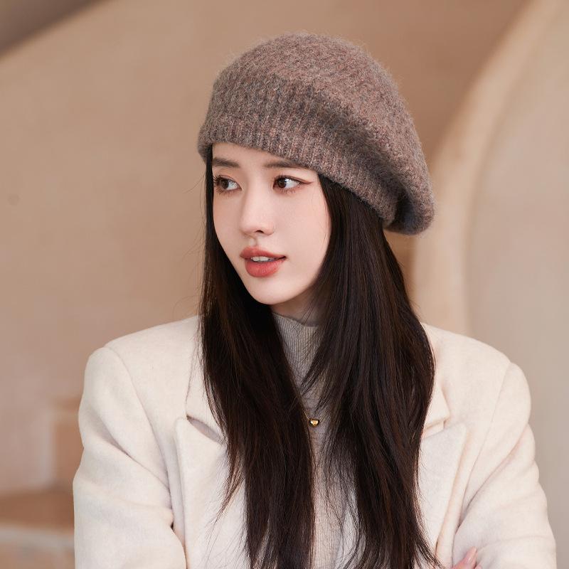 Korean Autumn and Winter Hat for Women Rabbit Wool Knitted Warm Wool Hat Solid Color Versatile Beret Literary Retro Painter Hat
