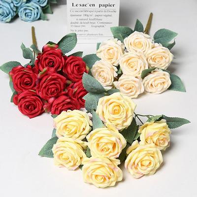 7 Heads Rose Artificial Flower Multicolor Rolled Edge Faux Flower Green Leaves Photo Props Simulation Rose Flower