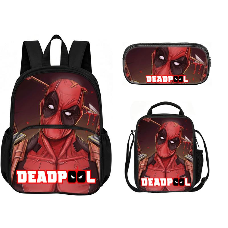 Deadpool  School 3Pcs Set with Front Pocket Backpack+lunch Bags+Pencil Bag Fashion Schoolbag Backpack Trend Kids Gift