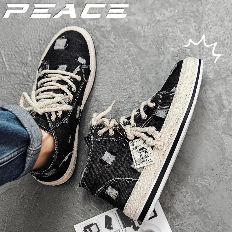 Herre High Top Canvas Sneakers med Snøring Klassiske Casual Gåsko Ungdom Rundown Stil Cricketsko