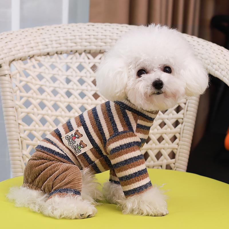 Pet Striped Patchwork Four Legged Pants Autumn and Winter Jumpsuit Base Shirt Dog Clothing Clothing Teddy Home Warm Sleepwear