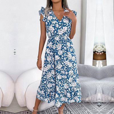 Women Spring Summer Wood Ear Edge Flower High Waist V Neck Sleeveless Holiday Dress