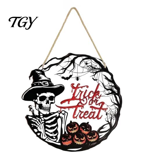 Fall Front Porch Signs Halloween Wooden Wreath Door Hanger Sign, Pumpkin Ghost Black Cat Witch Weatherproof Wall Decorations Bat Patterns, Hanging