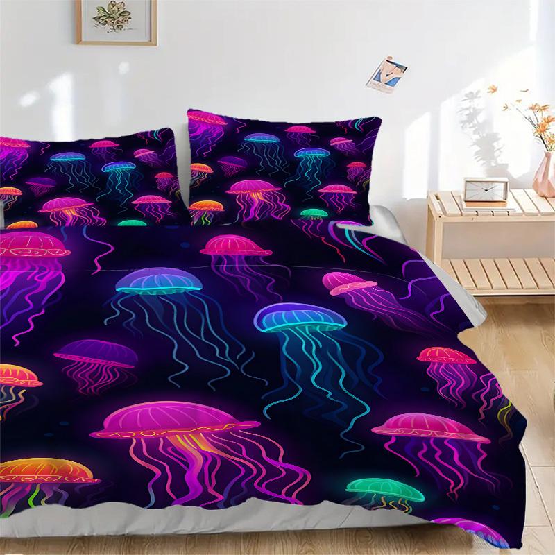 3pcs Jellyfish, Neon Print Bedding Set, Ideal for Home Use, Suitable for Bedroom Decor (1*Duvet Cover + 1/2*Pillowcases, No Core) yy250821180