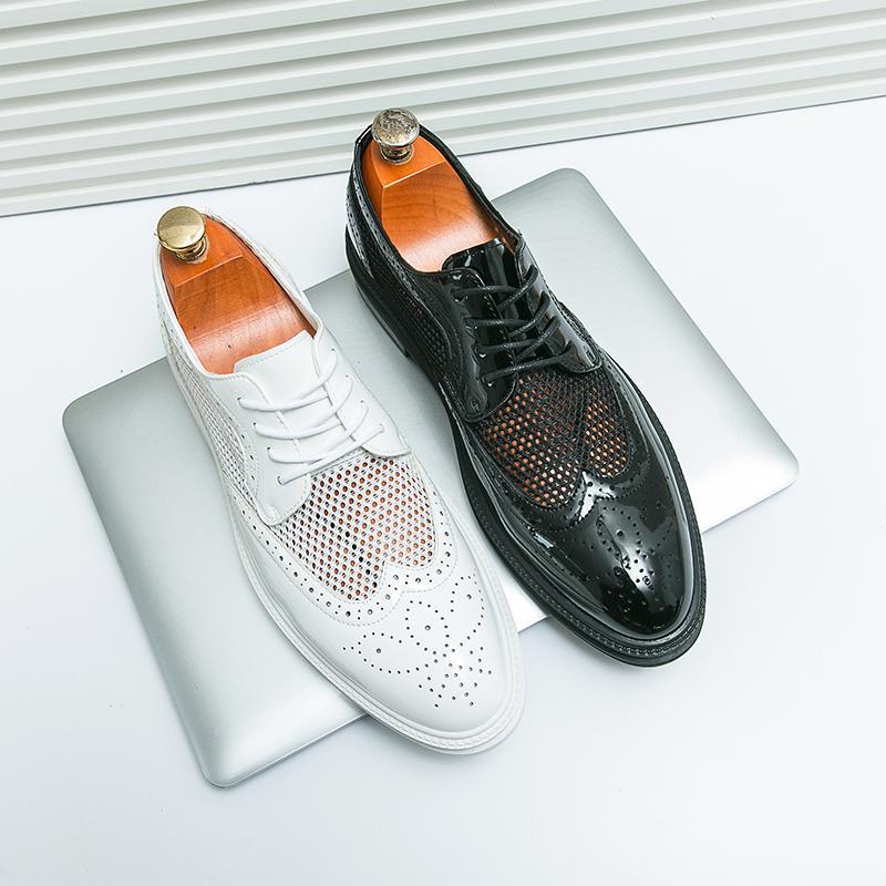Summer Men's British White Brock Leather Shoes Casual Pointed Hollow Business Trend Mesh Hollow Shoes Leather Shoes