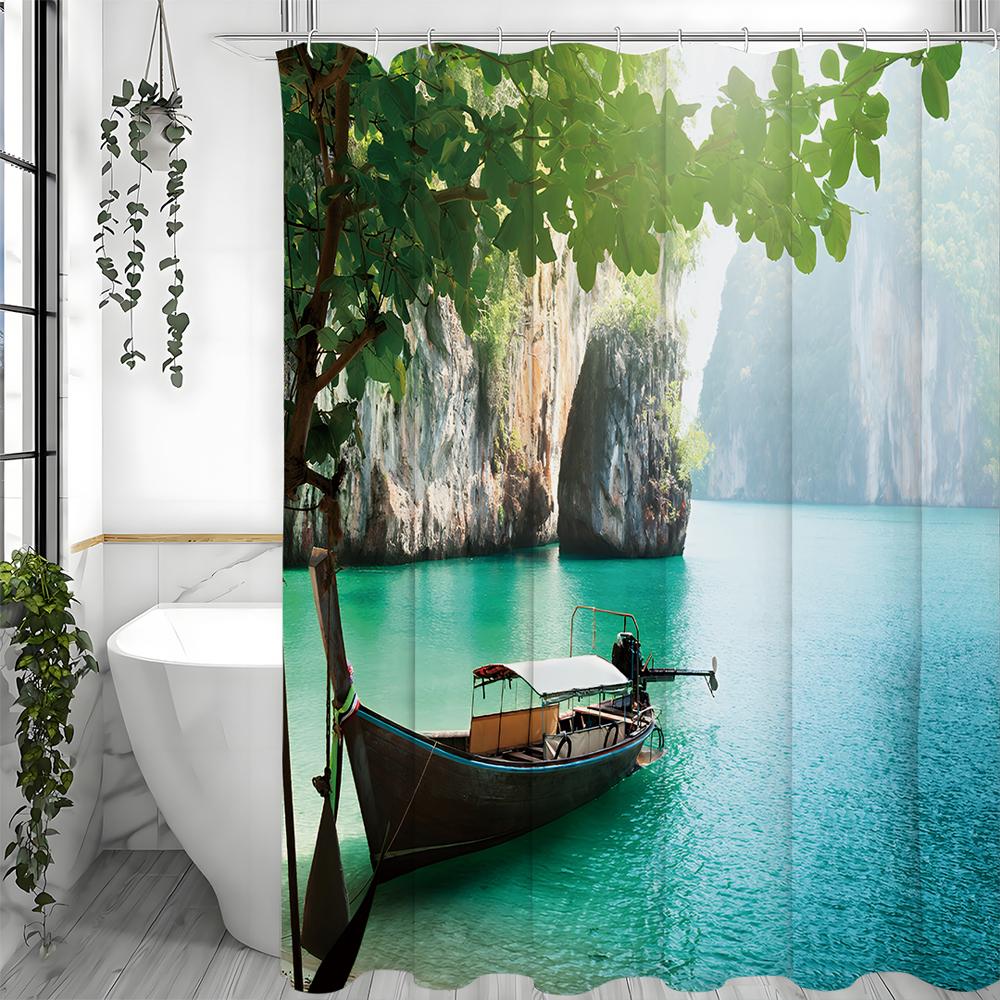 Mountain Lake Wooden Boat Scenery Shower Curtain, Bathroom Decorative Shower Curtain, Waterproof Shower Curtain with Hooks