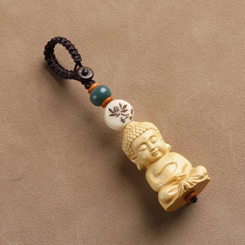 Buddhism Lotusblomma Nyckelring Tillbehör Trä Buddha Lyckobringande Pärlor Nyckelring Jadepärla Telefonamulett Väskspänne Kinesisk Charm