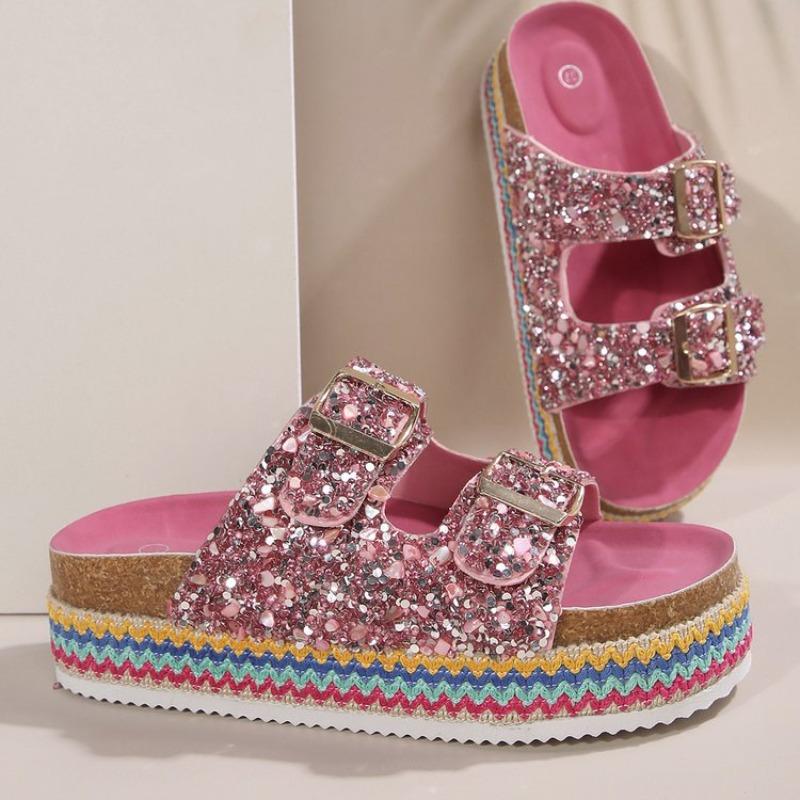 Large Size Platform Sandals Double Buckle Plus Diamond Hemp Rope Wind Beach Shoes Platform Heightening Muffin Shoes