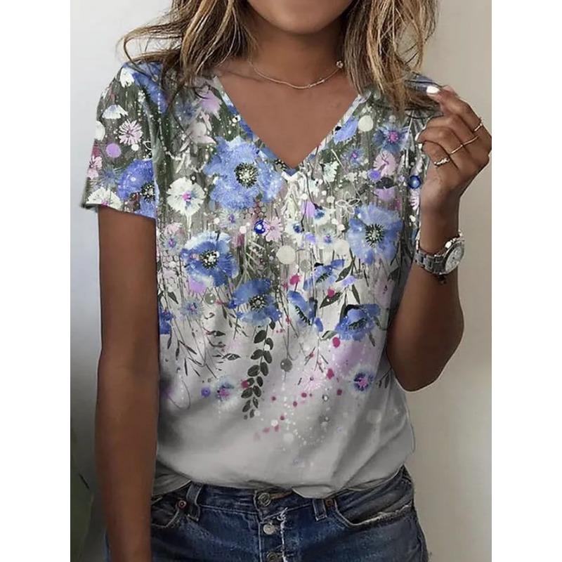 Sommar V-ringad 3D Blommig Tryckt Topp Trendiga Casual Kortärmade Dam T-shirts