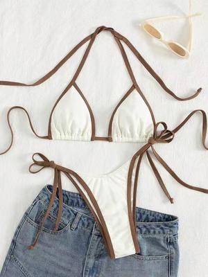 Sexy Lace Up Contrast Color Bikinis Set Women Split Swimsuit Beach Bikini 2026 New All Season Backless Bikinis 2 Piece Set