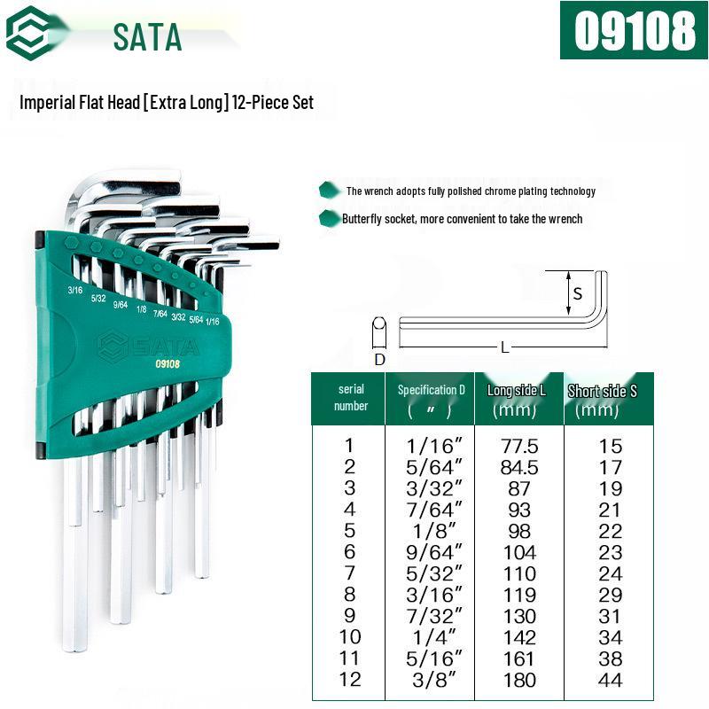 SATA Extra-Long Ball-End Hex Key Set, Inch Sizes (09102-09108)