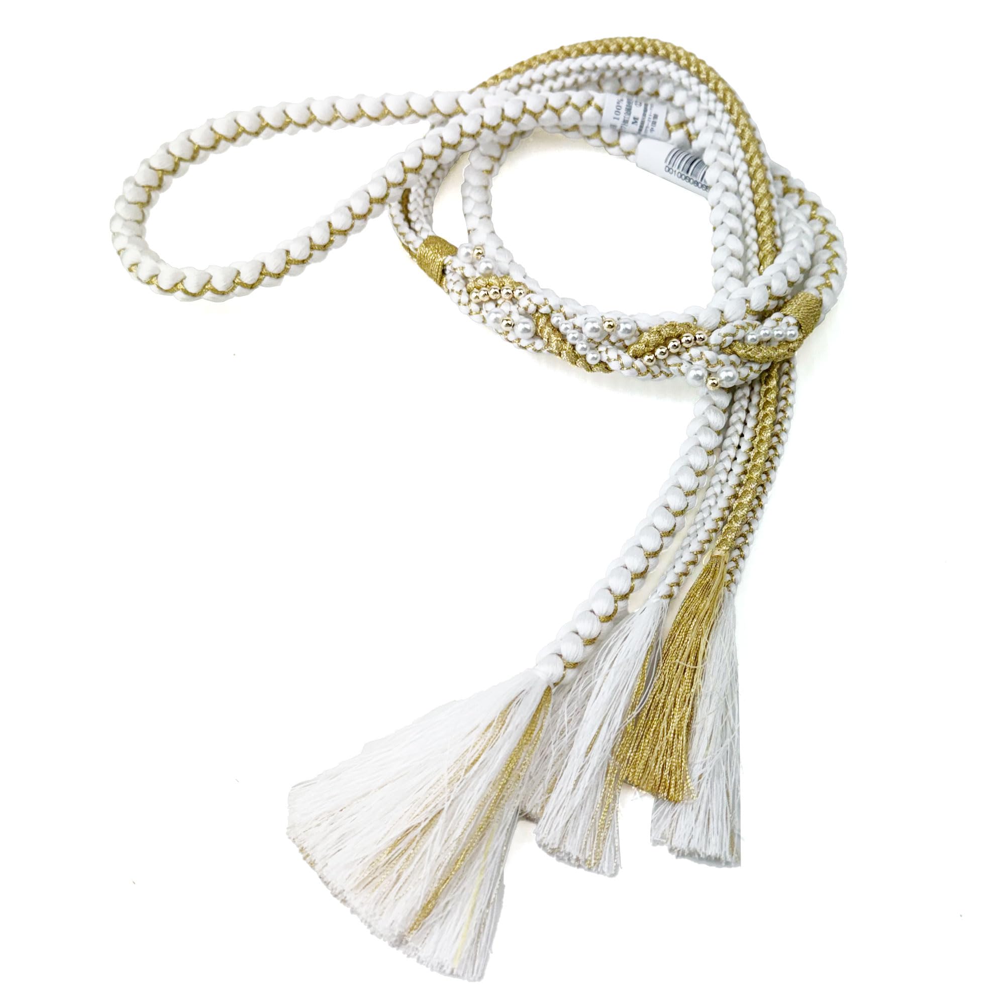 Obi-jime (kimono sash cord) with pearl embellishment, hand-woven, 100% silk, suitable for furisode (long-sleeved kimono), hakama (traditional