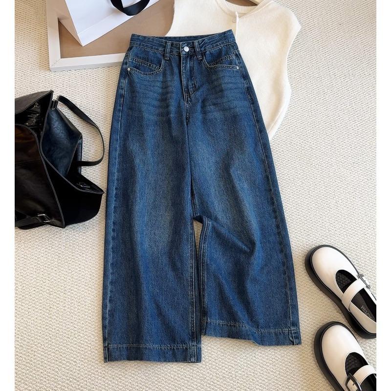 High Waist and Thin Nine-point Straight Jeans for Women's Small Autumn New Versatile Wide-leg Pants