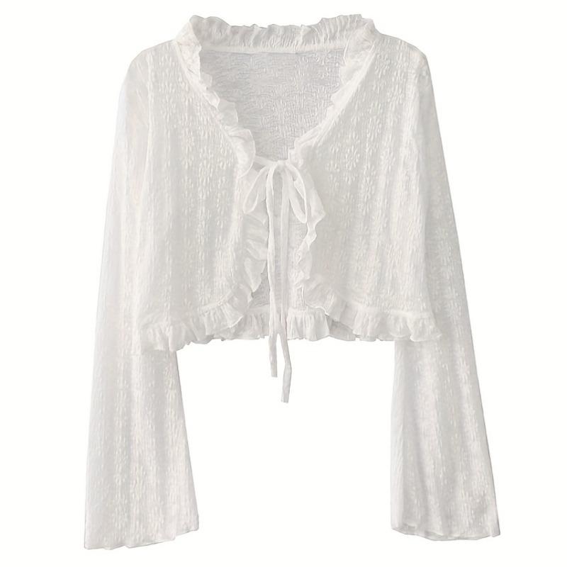 Elegante e Carino Cardigan Sottile con Laccetti e Pizzo, Top Sottile Traspirante con Maniche Lunghe in Chiffon e Volant per Donna, Mantellina Estiva