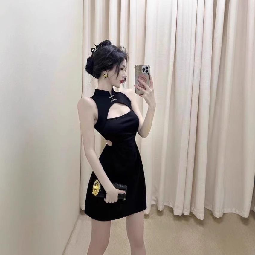 

2025 Ретро Черное Ципао Короткое Платье - Летнее Сексуальное Облегающее Платье-Хип-Хакер Medium чёрный