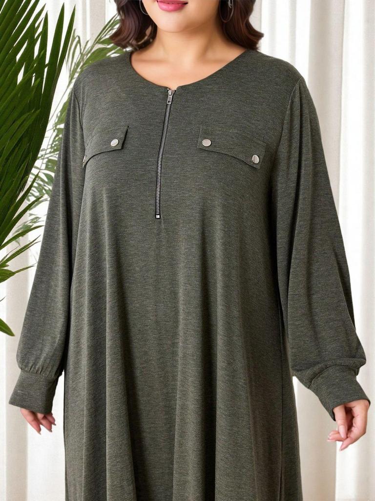 Plus Size Autumn Street Fashion Loose Knit Dress - Solid Color, Round Neck, Long Sleeve