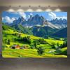 A wall with a tapestry depicting the Swiss Alps - featuring snow-capped mountains lush green grass and farmhouses together