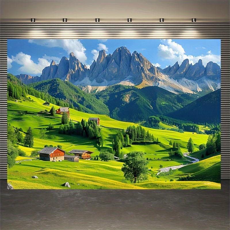 A wall with a tapestry depicting the Swiss Alps - featuring snow-capped mountains lush green grass and farmhouses together