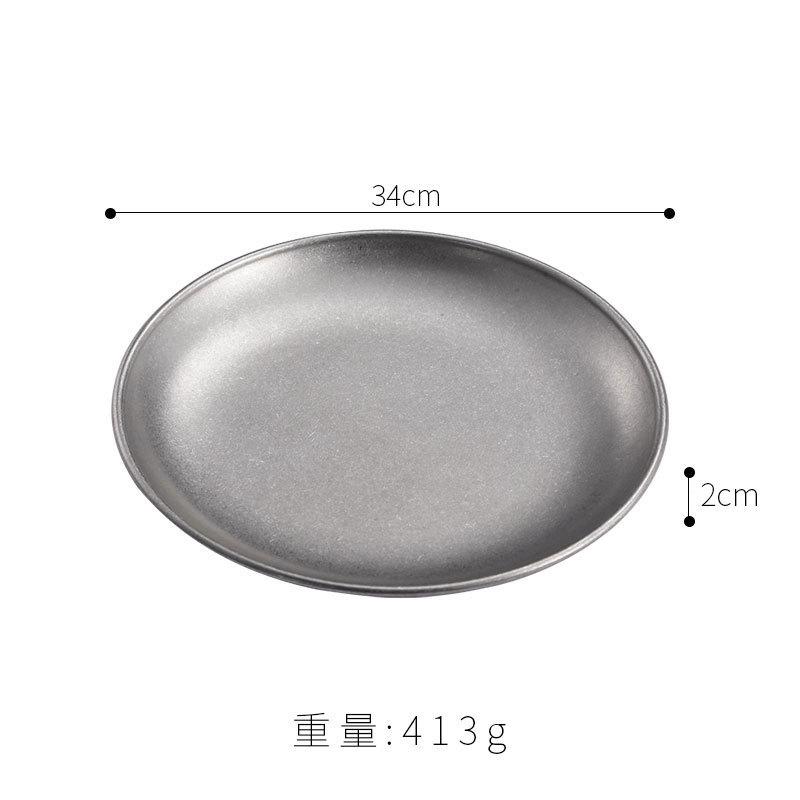 Korean version of stainless steel plate coffee shop tray flat bottom shallow plate barbecue plate bone plate retro tableware