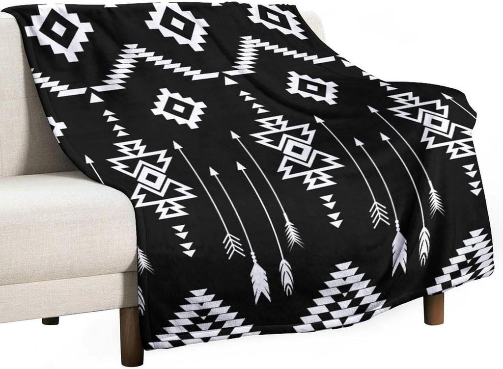 Black White Abstract Geometric Vintage Textured Boho Pattern Print Super Soft Flannel Throw Blanket for Bed Sofa