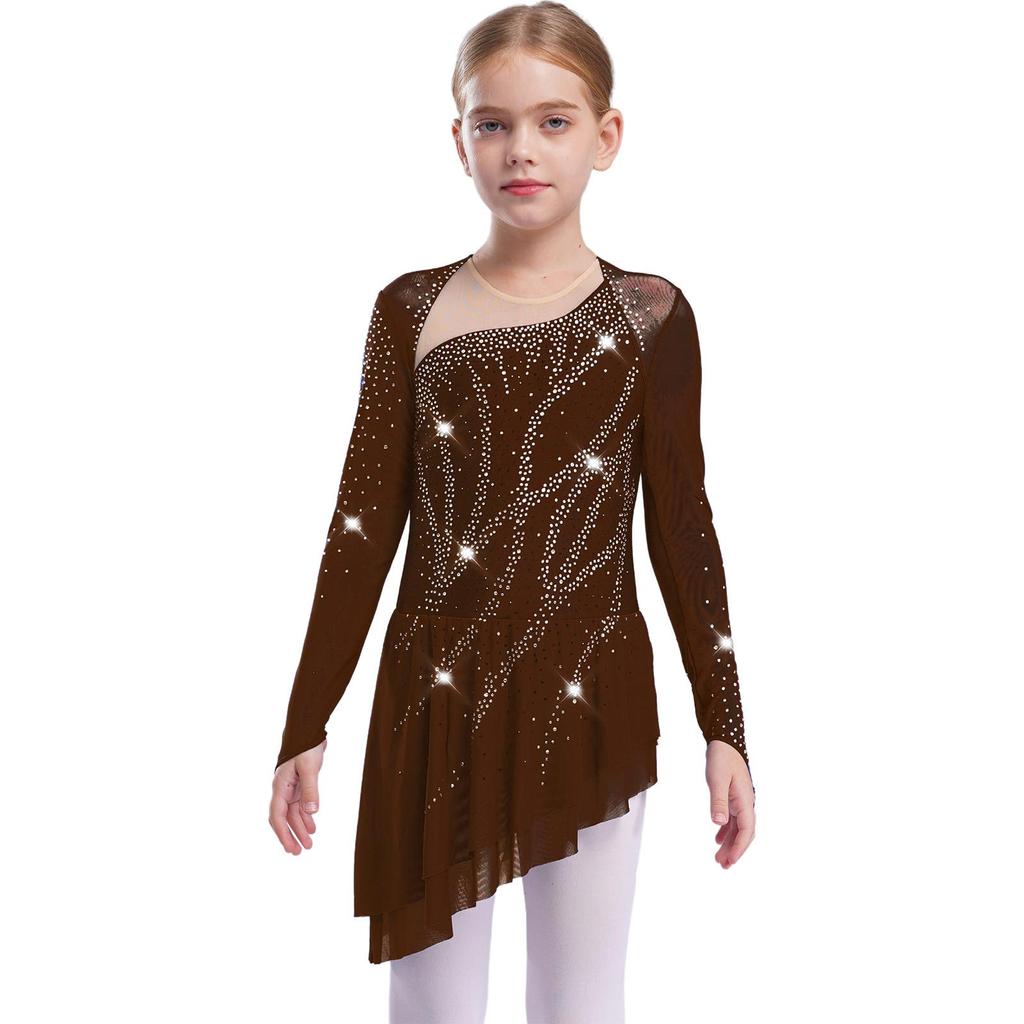 Girls Sparkly Rhinestones Dance Dress Mesh Long Sleeves Cutout Back Asymmetric Hem Figure Skating Dress