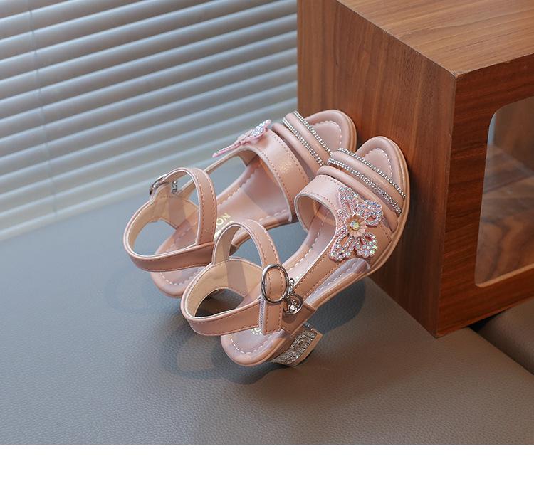 Girls' Summer Sandals with Rhinestone Butterflies, Children's Fashionable High Heels, Versatile Princess Style