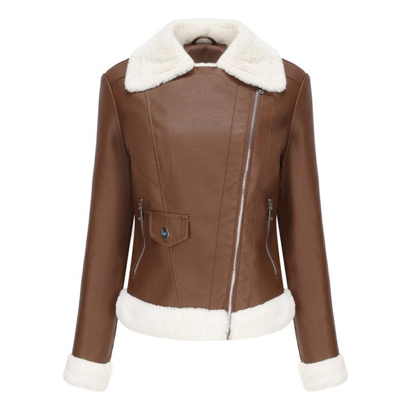 Womens Faux Leather Jacket With Fleece Lining Long Sleeve Turn-Down Collar Outerwear Winter Commute Casual