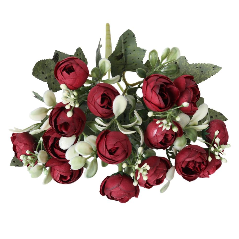 

15 Peony Flower Buds Artifiical Flower Branch Camellia Flexible Stems Fake Flower with Green Leaves 31cm Height красный