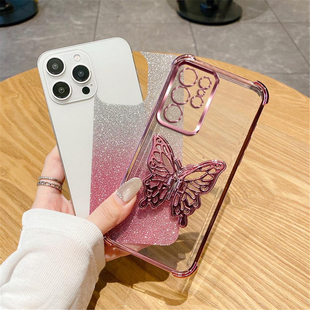 Shockproof Glitter 3D Butterfly Holder Stand Phone Case For Samsung S25 S24 S23 S22 S21 S20 FE Note 20 Ultra Plus Plating Cover