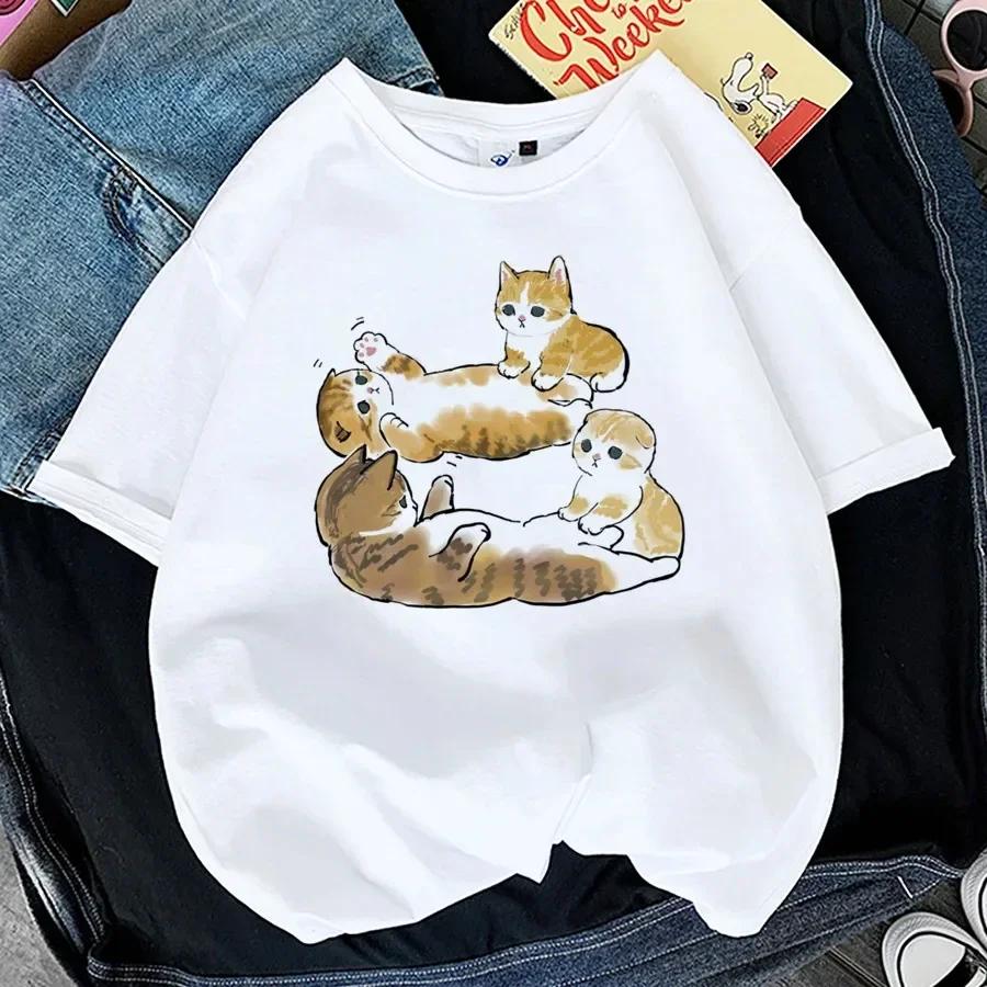 Kawaii Cat WoPrint T-shirt Girl Animal Y2K Fashion 90S Harajuku Print Tops Tee Gril Black White Summer Clothes Tshirts