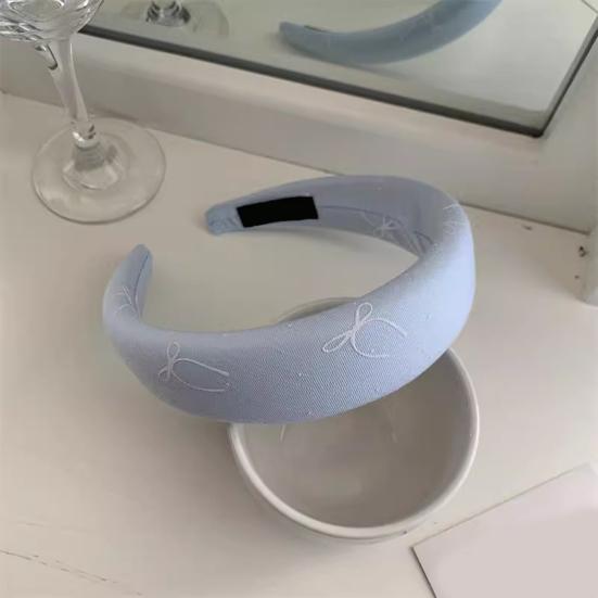 Yousheng Süßer Stil Stirnband Blaue Stickerei Verdickte Schwammpolsterung Schleifenmuster Haarreif mit Glatten Kanten Gesichtsformendes Haaraccessoire
