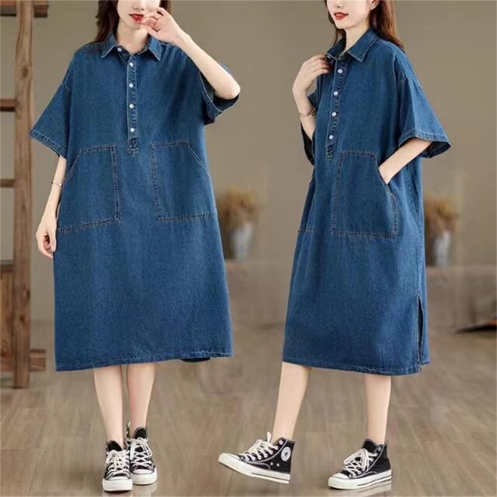 Denim Dress Dress Long Denim Shirt Summer Clothes Collar Short Sleeve Large Pockets Plus Sizes Slimming Stylish Casual Date Adult Elegant Cute Midi
