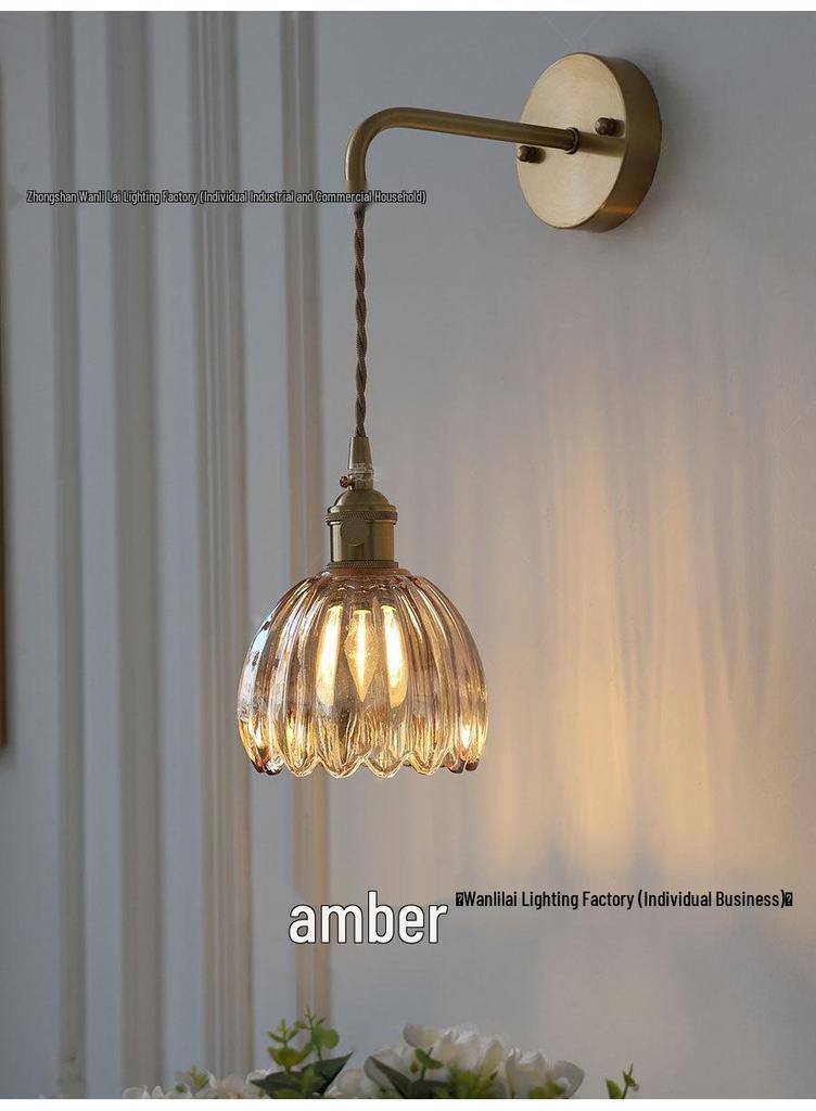 Retro Japanese Copper Amber Glass Wall Lamp - Modern for Bedroom or Entryway.