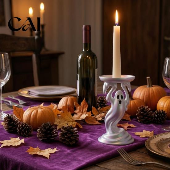 Unique Resin Crafts Cute Ghost Candle Holder, Iridescent Spooky Pedestal for Figurine Taper Candles, Gothic Candlestick Stand Home Table Decor