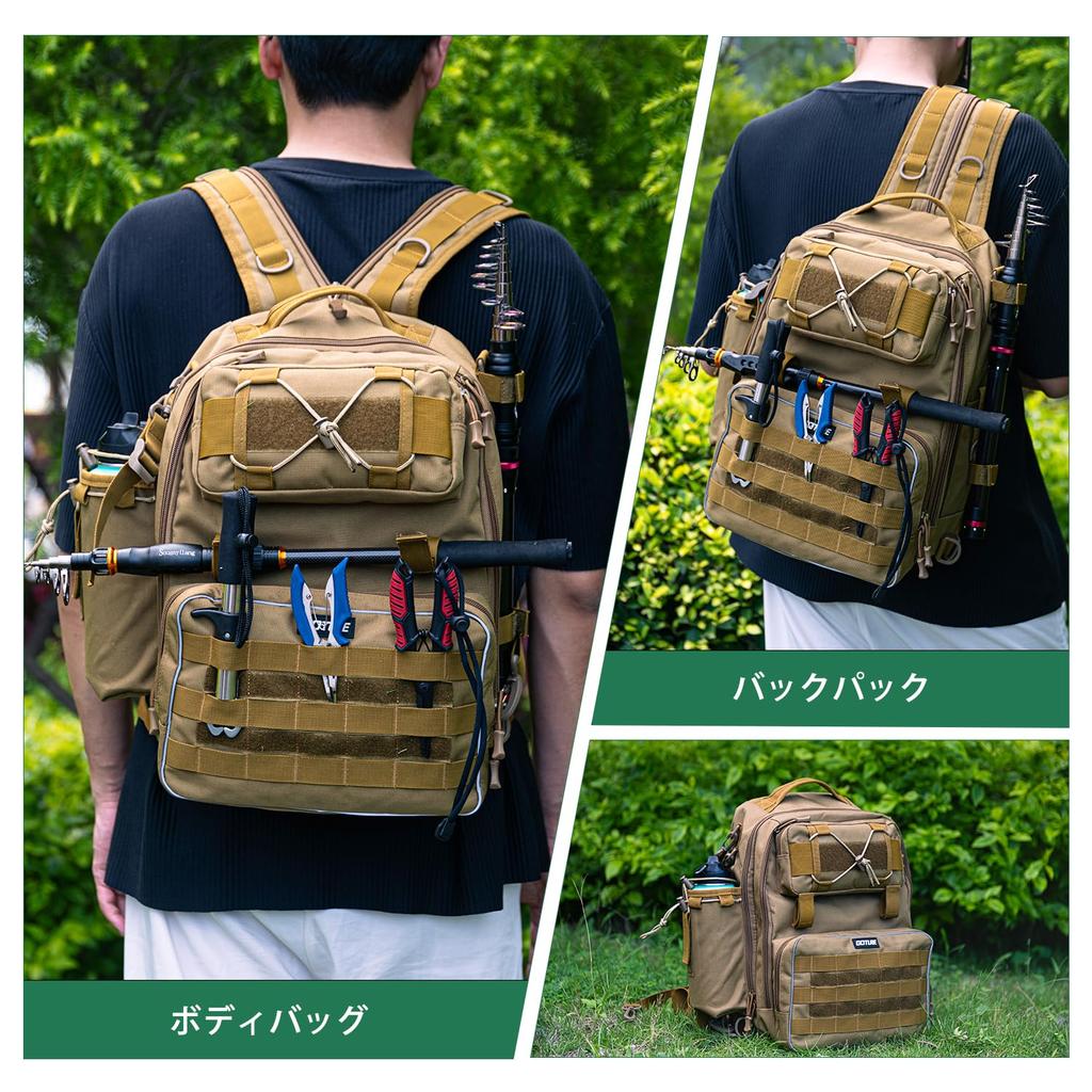 Goture Fishing Waterproof Backpack with Two Lure Large Tackle Tool Storage Bag for Hiking and Outdoor Khaki Bag, 5-Way Cases, Multifunctional,